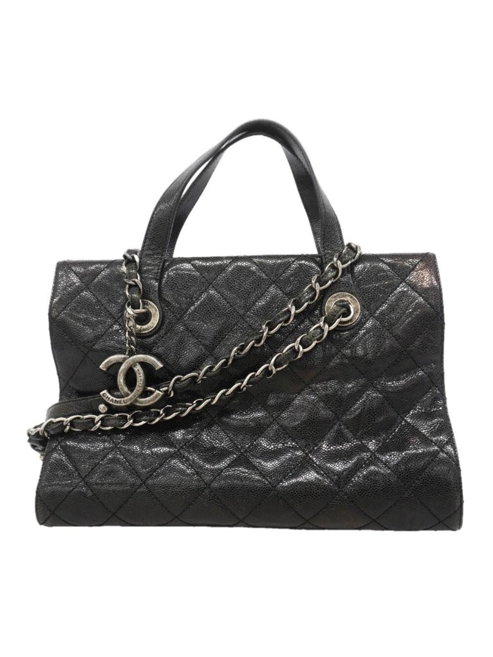Chanel Handle Quilted Caviar Leather Black Silver 2-Way Bag